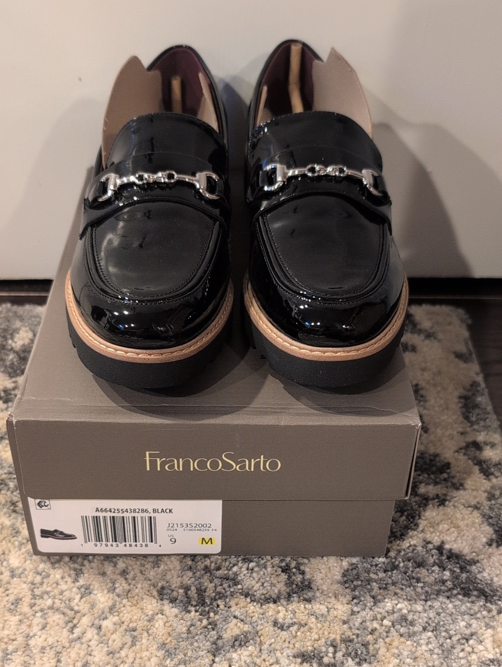 NWT Franco Sarto Black Patent Loafers with Silver Chain